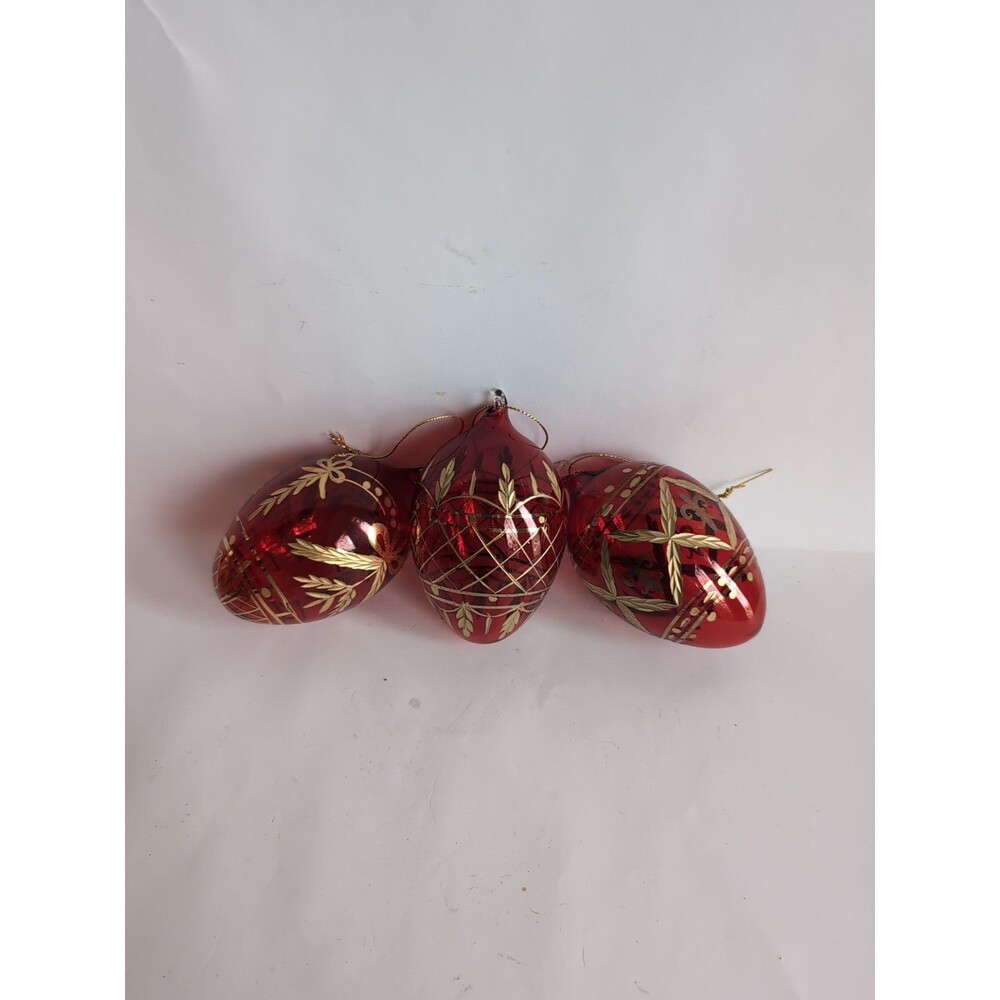 Vtg Cut Glass Christmas Ornaments Ruby Red Gold Egg Shape Set of 3